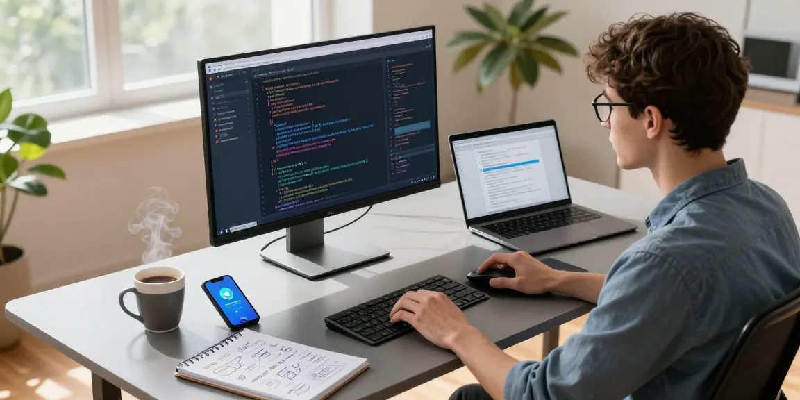 Download Telegram app interface in a professional workspace with developer focused on coding, reflecting a modern tech environment.