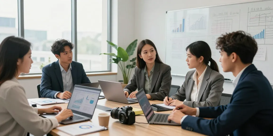 Zakelijk krediet gesprek in modern kantoor, team bespreekt financiële strategieën met laptops en notities.