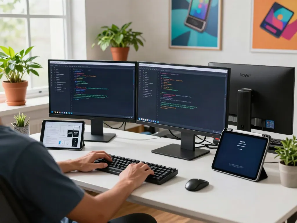 Pikashow download workspace with developer coding on dual monitors amidst a vibrant office.