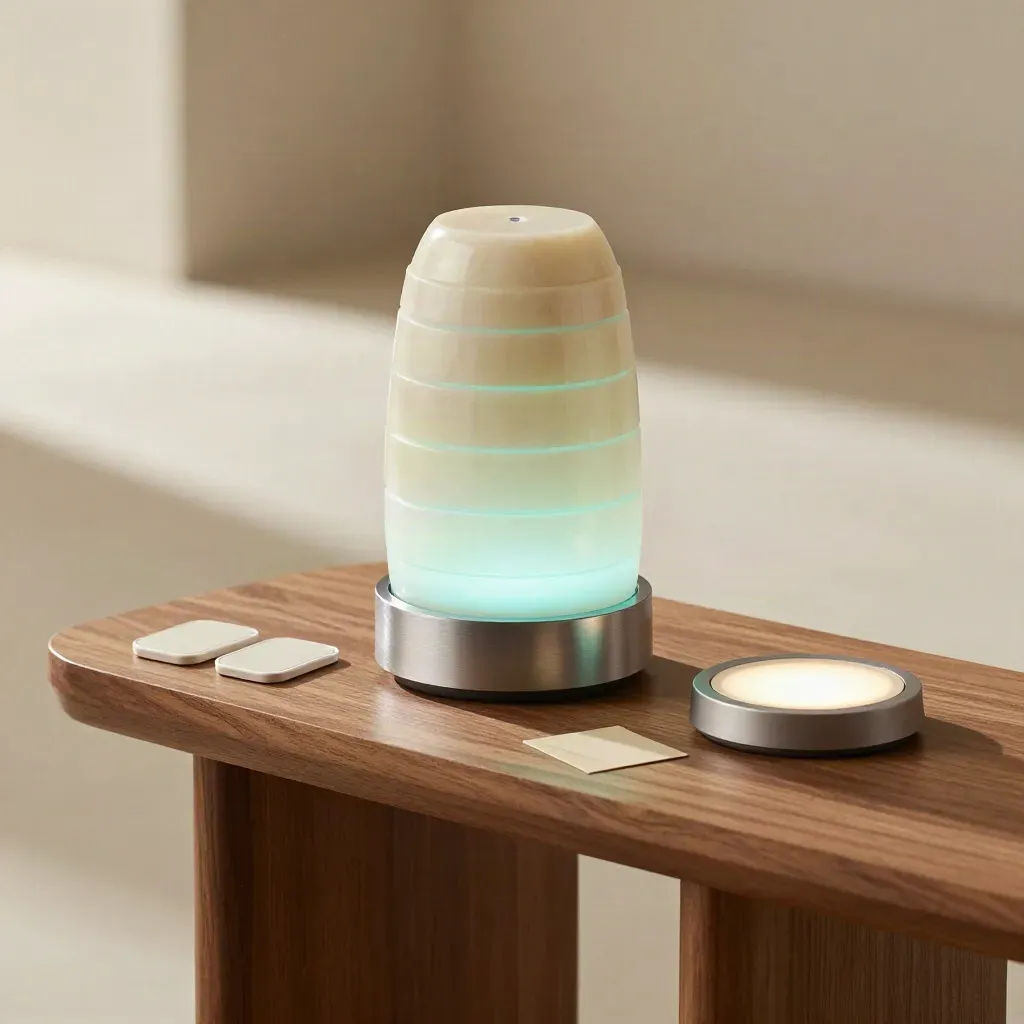 Teal lichtcirkel-console met twee hulp-pucks op een warme houten sokkel