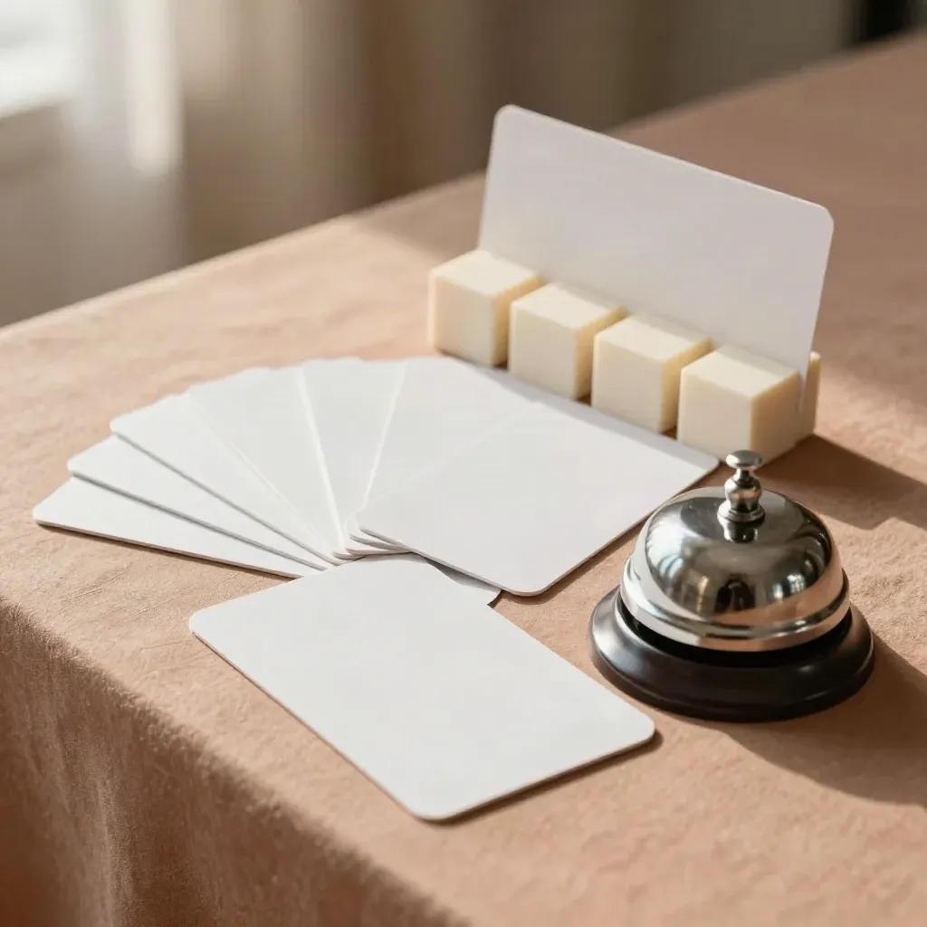 Op linnen een compacte trainingsset van flip-cards, blokjes en een kleine bel.