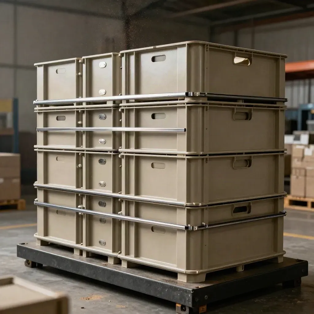 Gestapelde neutrale kratten met magnetische pucks en transferbalk in dramatisch magazijnlicht.