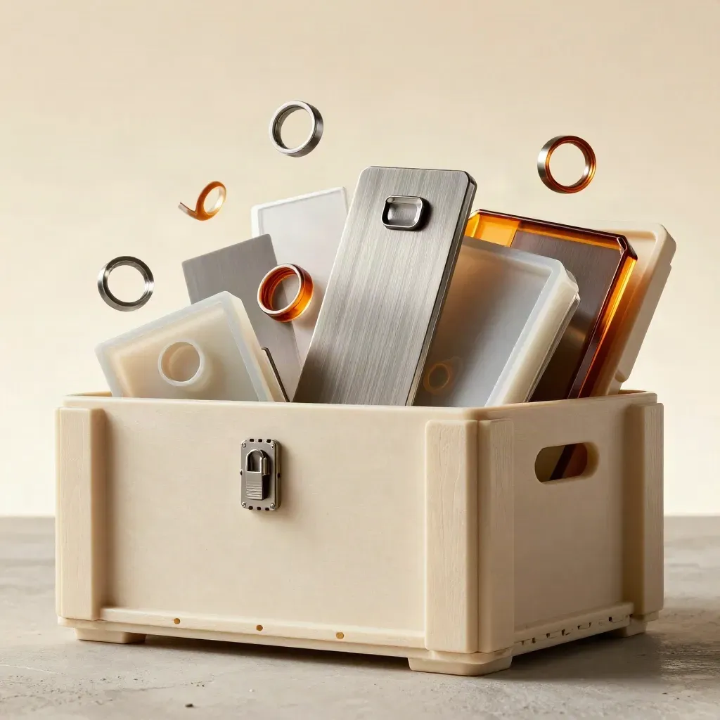 Close-up van een open krat met catalogusmodules, trays en ringvormige onderdelen in warm amber licht.