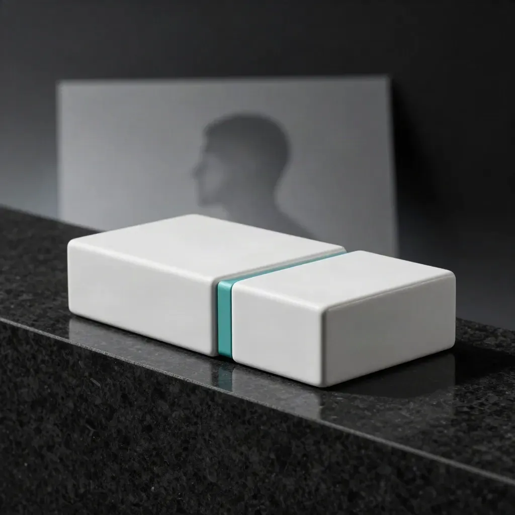 Witte portalmodules op een donkere steenrand met een subtiele teal gloed