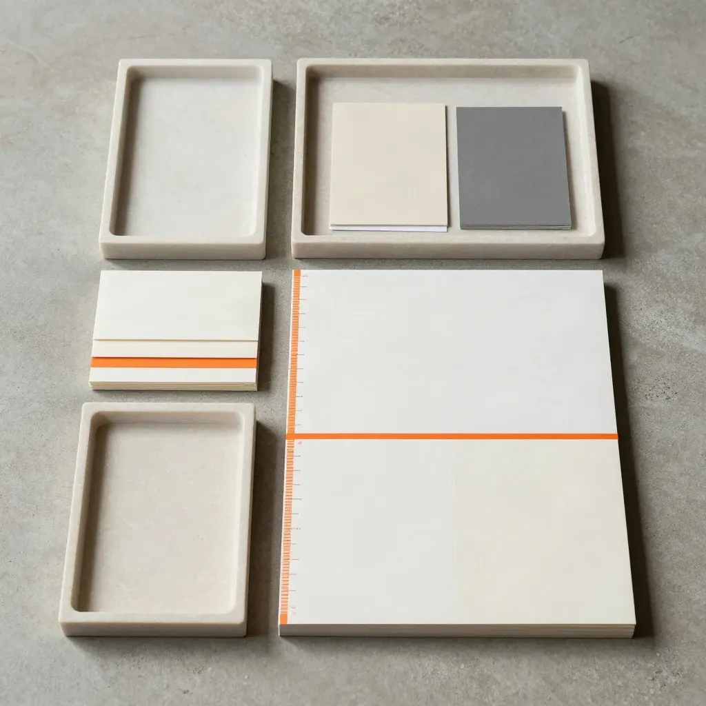 Bovenaanzicht van een op maat samengestelde ordelijst-kit met trays, tabs en inserts.